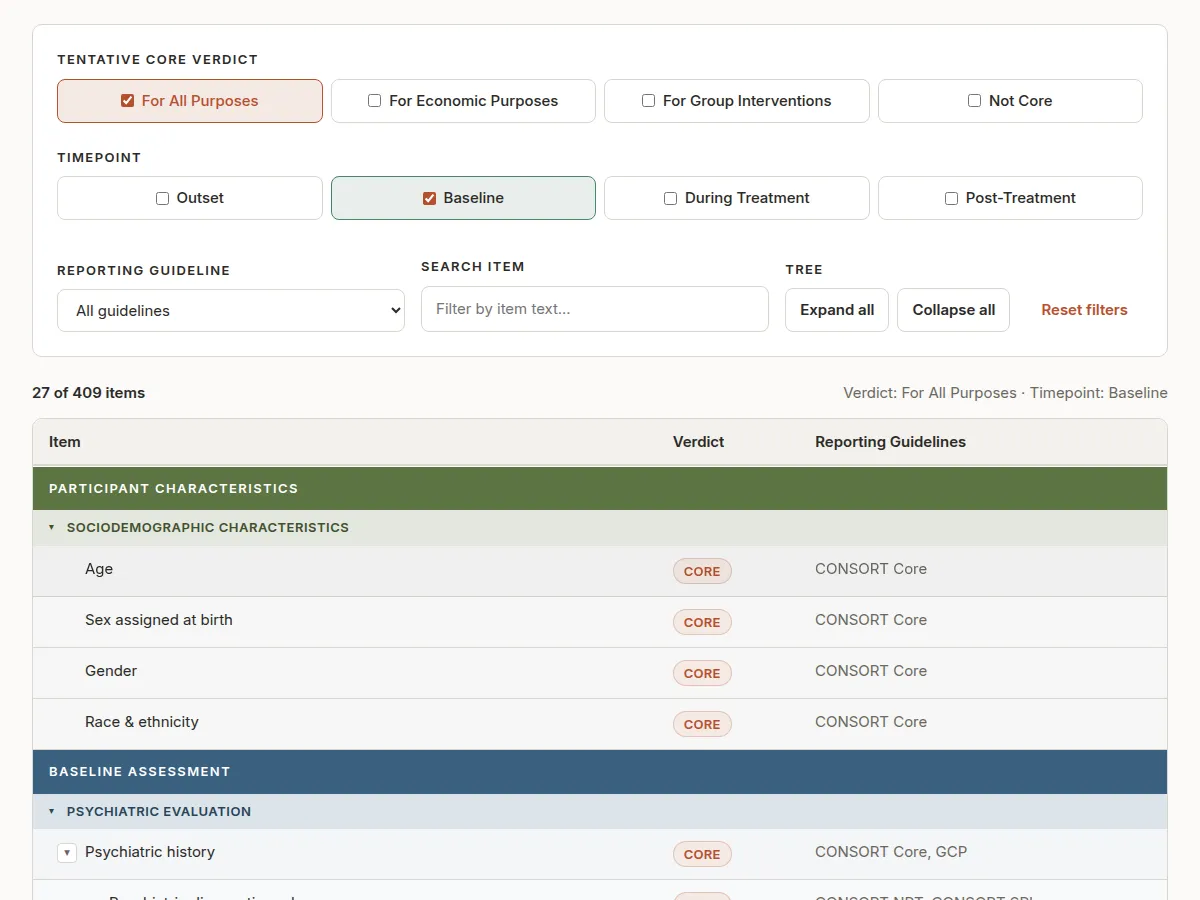 The StaMPS interactive tool with the “For All Purposes” and “Baseline” filters applied, showing the filtered item table